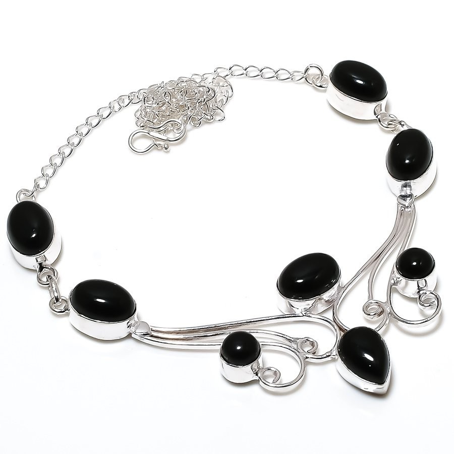 Black Onyx Gemstone Handmade 925 Sterling Silver Jewelry Necklace Size 18″