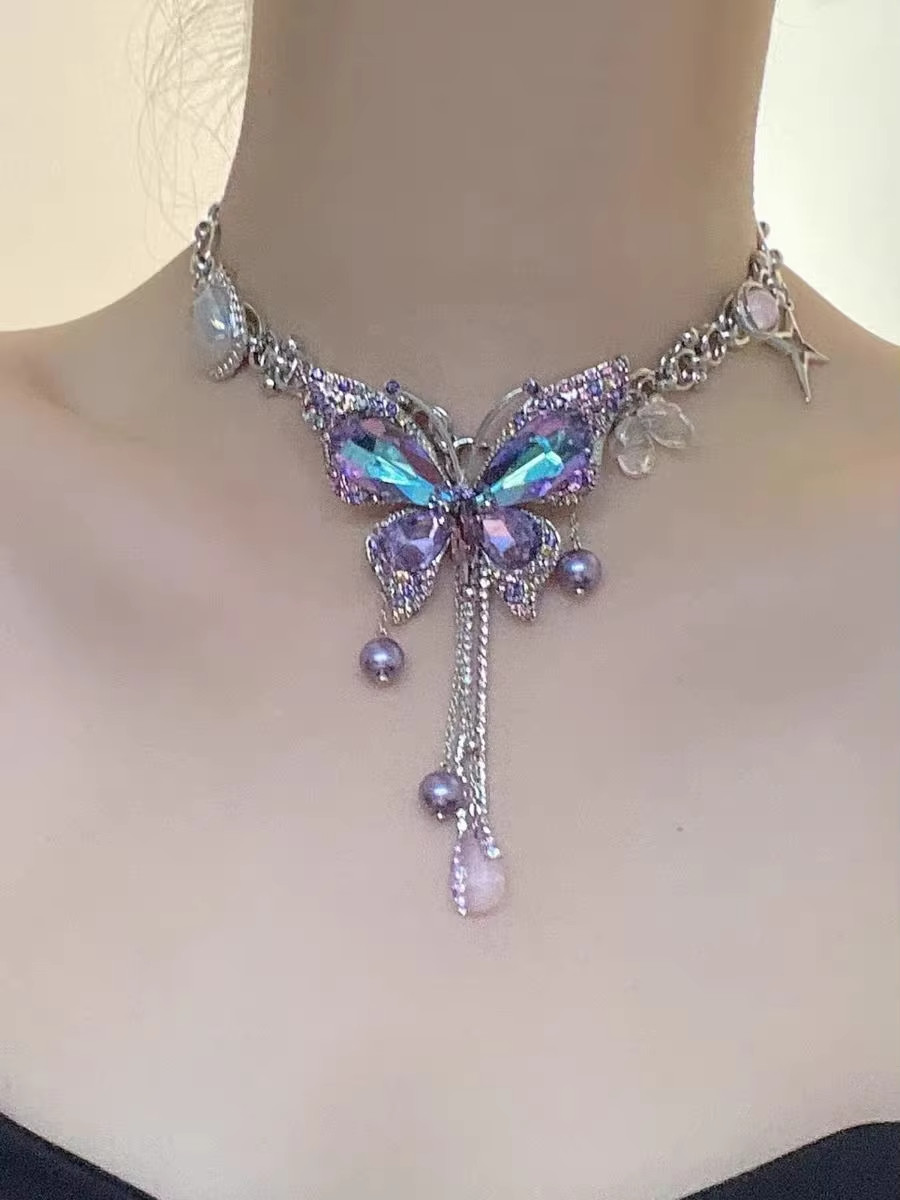 Purple Butterfly Tassel Necklace Vintage Style Statement Pendant Fashion Jewelry