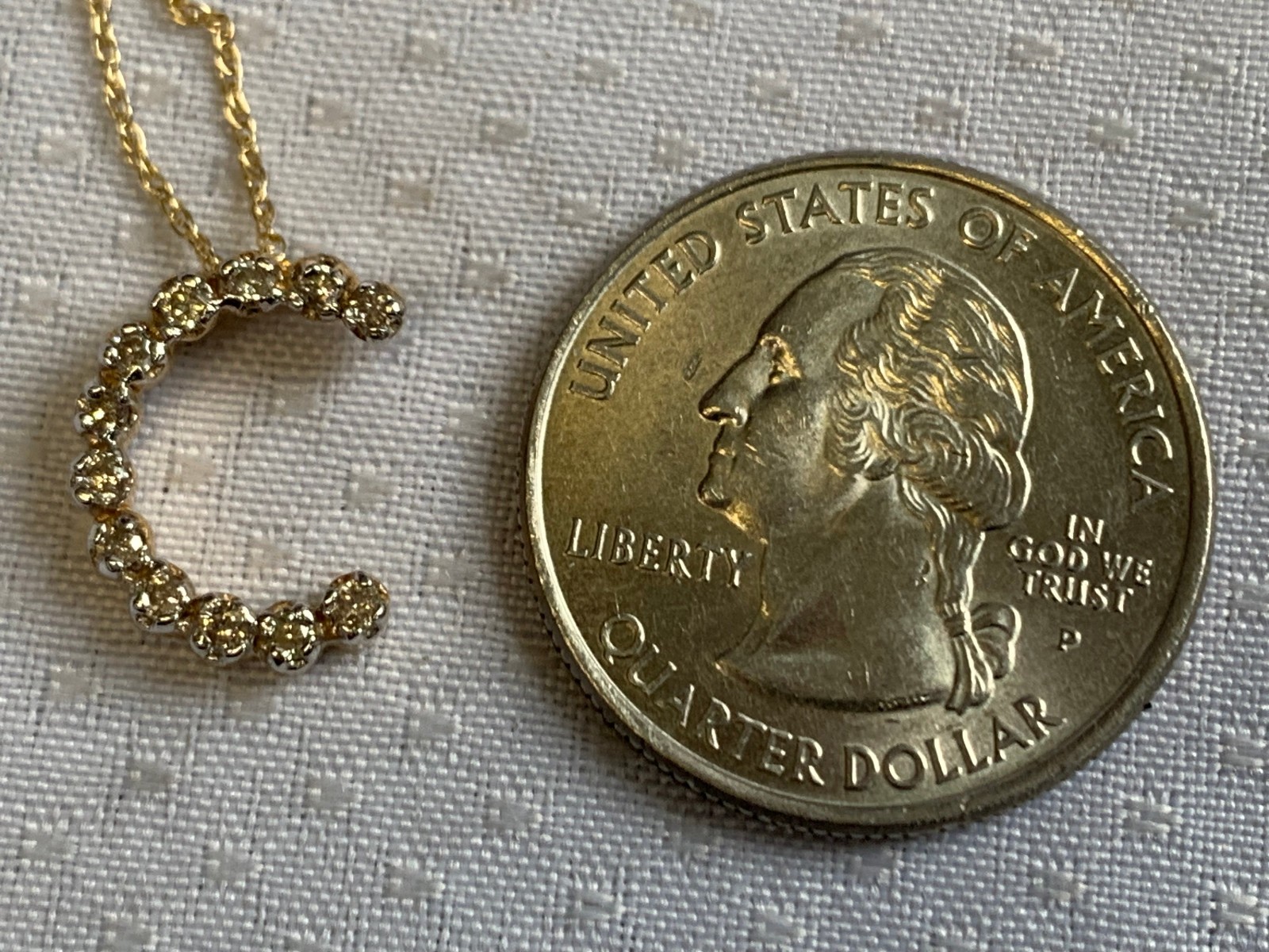 14K Yellow Gold Diamond “C” Necklace 1.95g Fine Jewelry 18″ Rope Chain *READ*