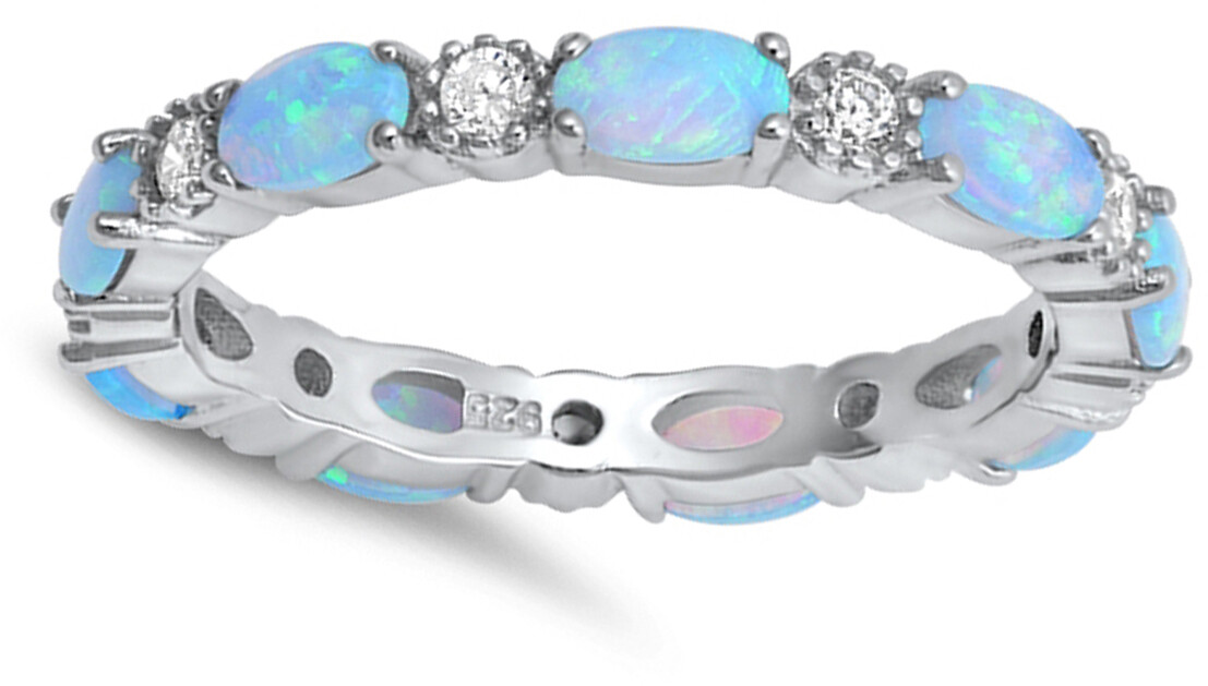 Clear CZ Blue Lab Opal Eternity Stackable Ring Sterling Silver Band Sizes 4-10