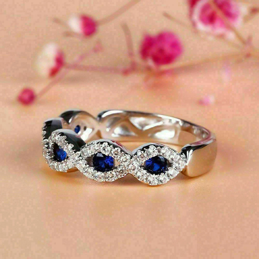 2.50 Ct Round Natural Sapphire Diamond Anniversary Ring 14K Solid White Gold 5