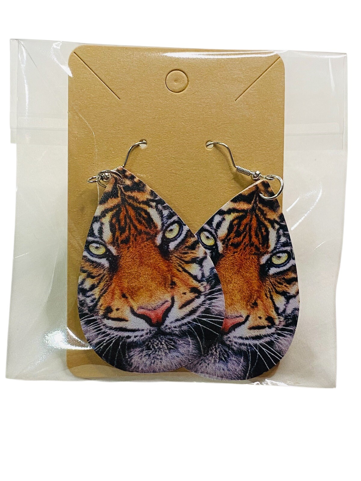 Realistic Tiger Face Boutique Earrings 2.25”x 1.5”, 2 Sided, Faux Leather