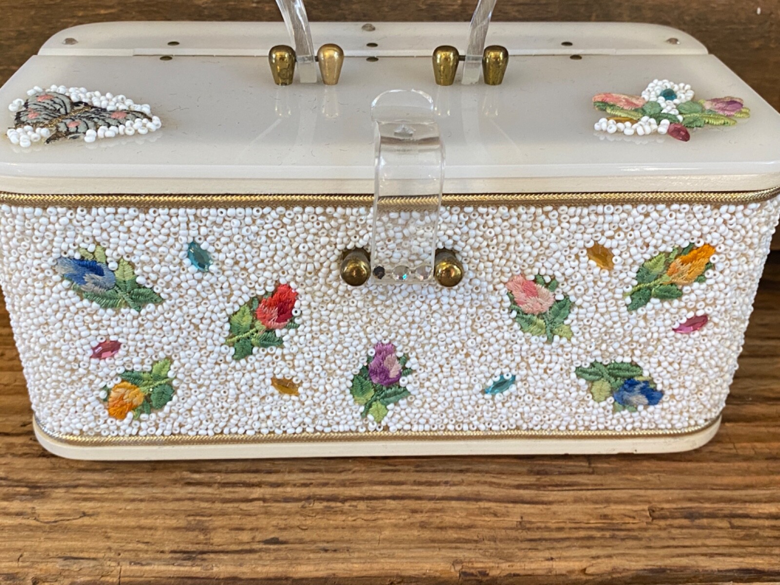 Vintage 50’s Midas of Miami Beaded Acrylic Lucite Purse Handbag Box