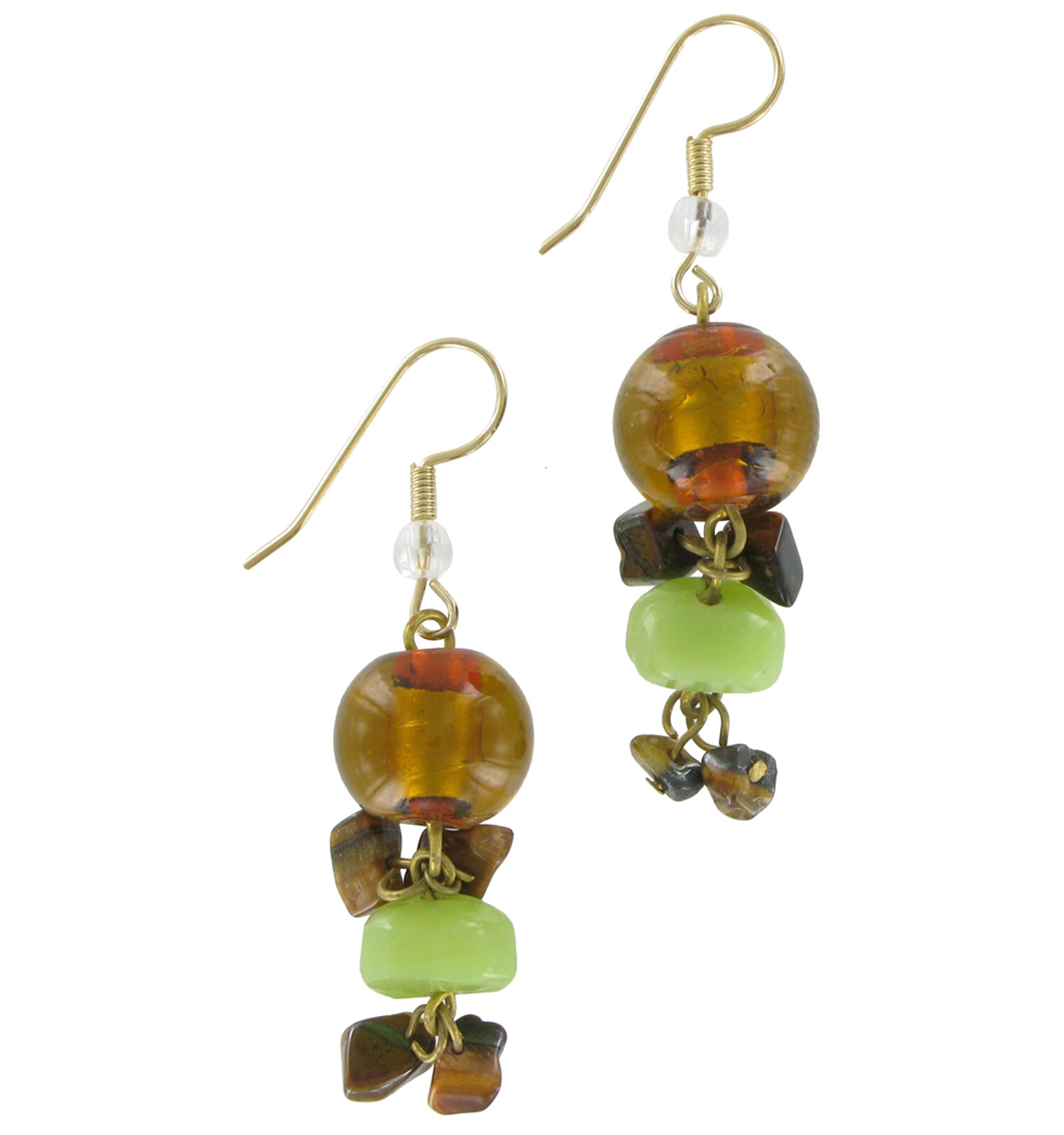 Multi Color Brown Green Glass Beaded Dangle Earrings Pierced Boho Style 1 1/2″