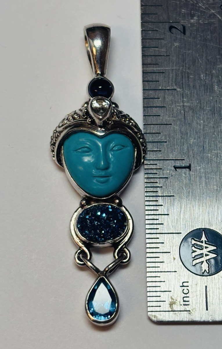 Sajen Sterling 925 Silver Carved Face Turquoise Druzy Quartz Pendant -.23