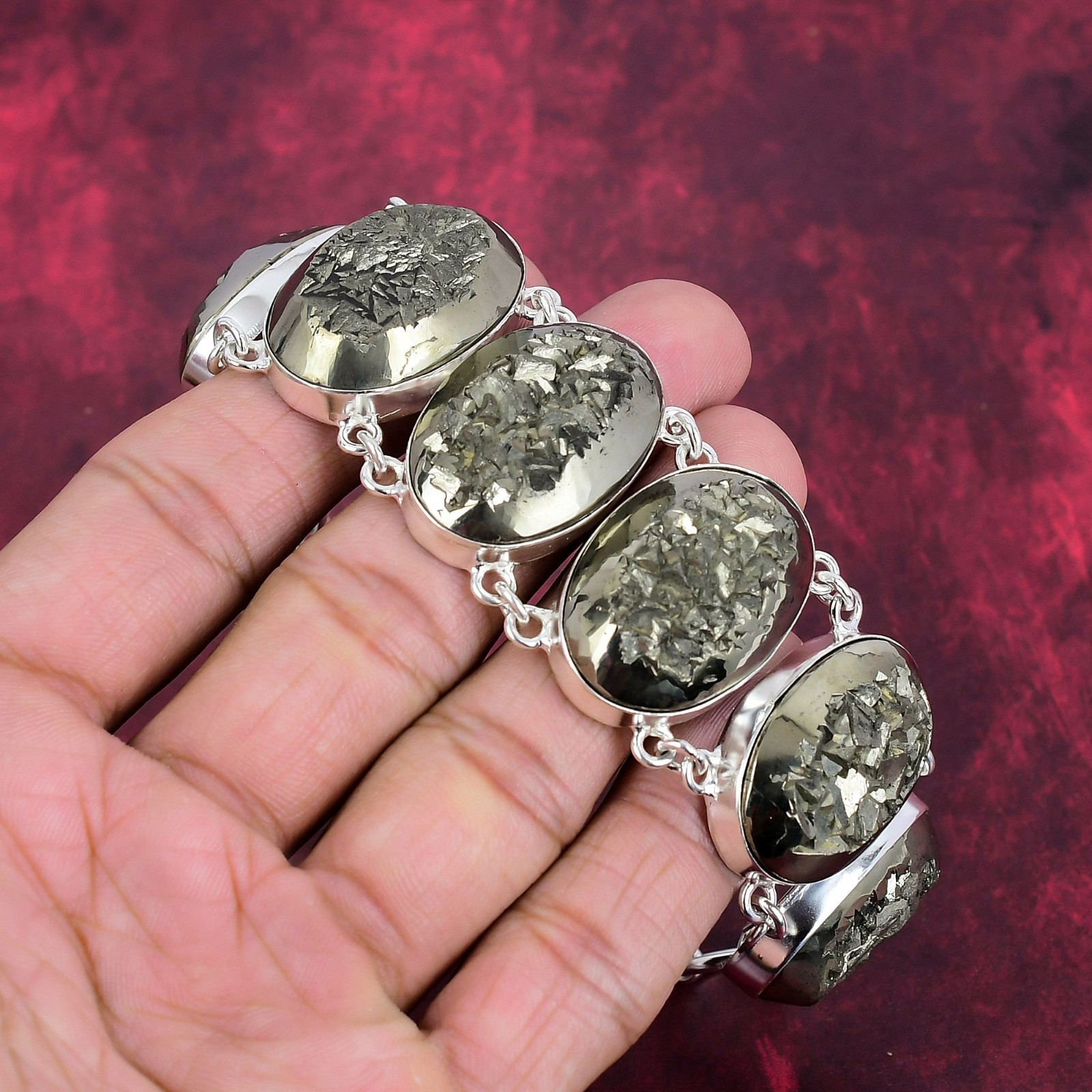 Golden Pyrite Druzy Gemstone Jewelry 925 Sterling Silver Chain Bracelet For Gift