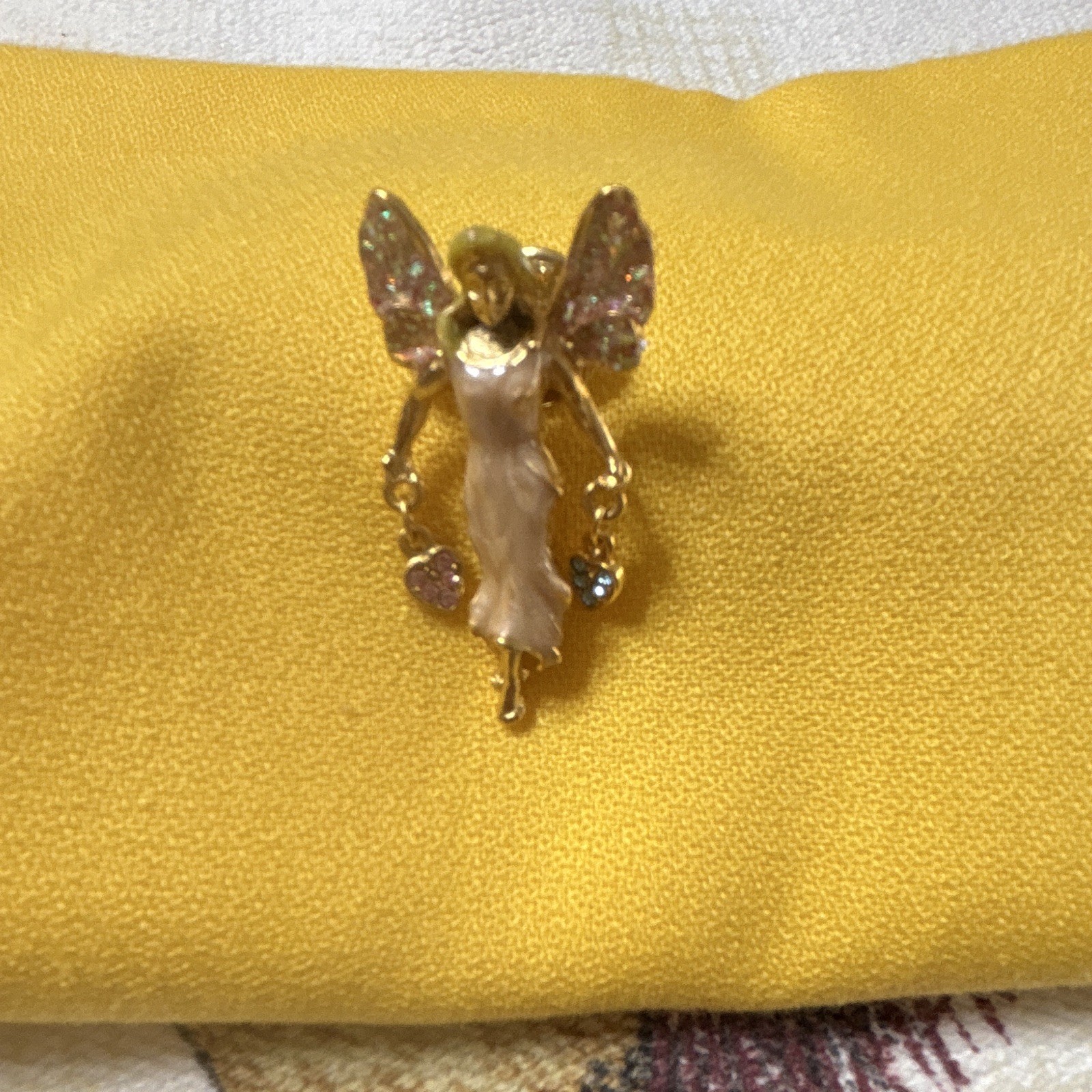 Gold Tone Angel Fairy Pin Brooch w/ Purple & Clear Round Crystals, Metal