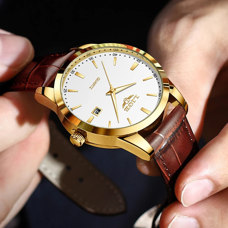 Mens LIGE Classic Luxury Wristwatch Sports Waterproof Quartz Leather Strap Watch