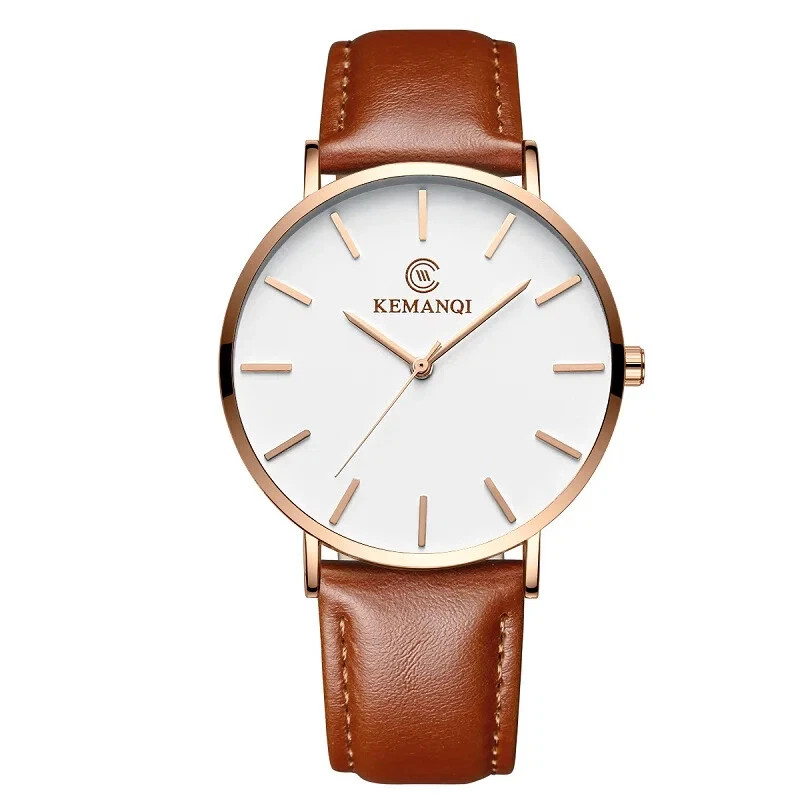 Men Trendy Ultra Thin Minimalist Watch Slim Leather Strap Stainless Steel Quartz