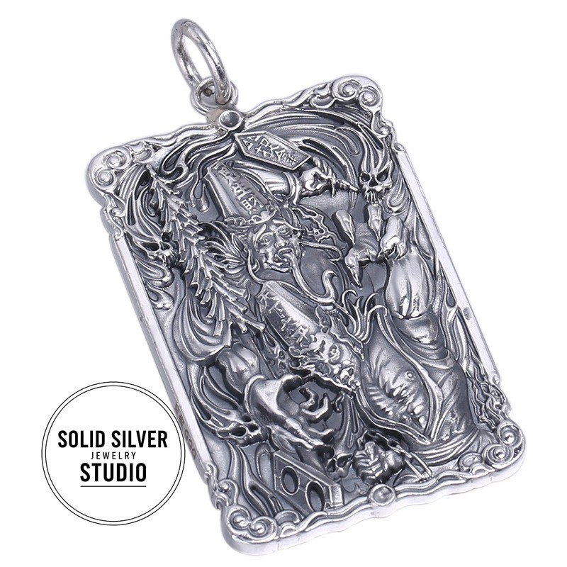 HUGE S999 Pure Silver God of Wealth Pendant Taoist Amulet Good Fortune Talisman