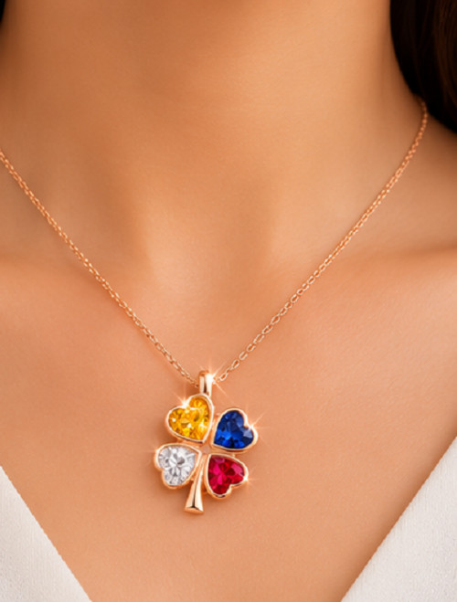 4ct Heart Simulated Pink Yellow Blue Sapphire/CZ Clover Pendant Rose Gold Plated