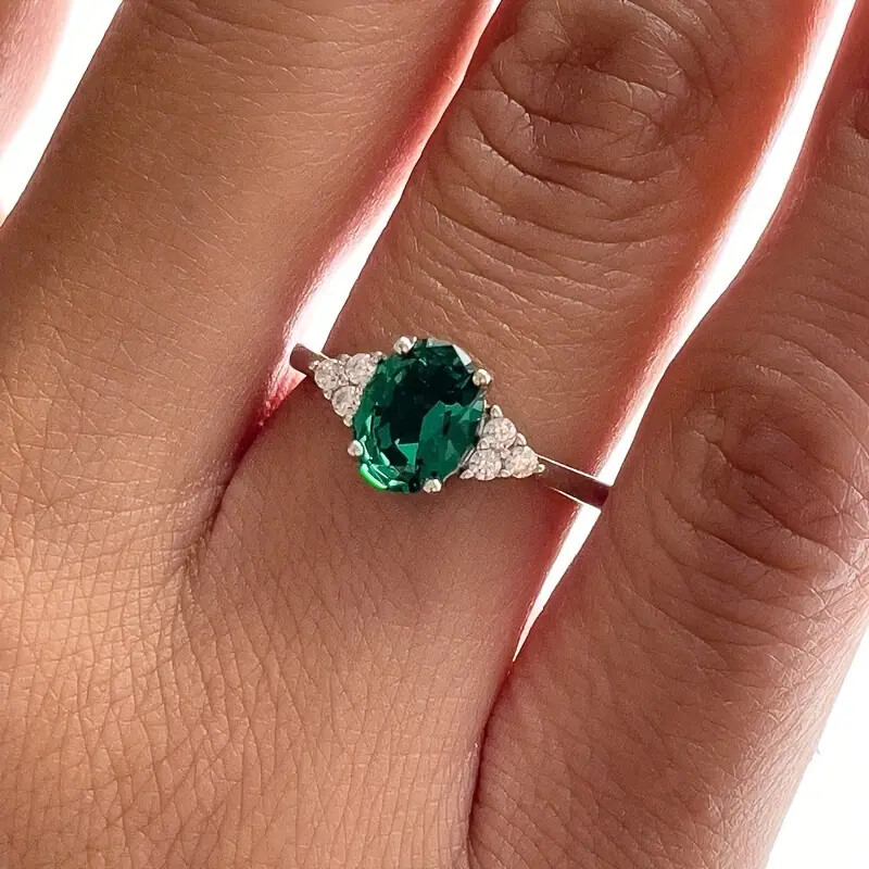1pc Fashion Green Oval Artificial Gemstone Ring, Anniversary Birthday Gift