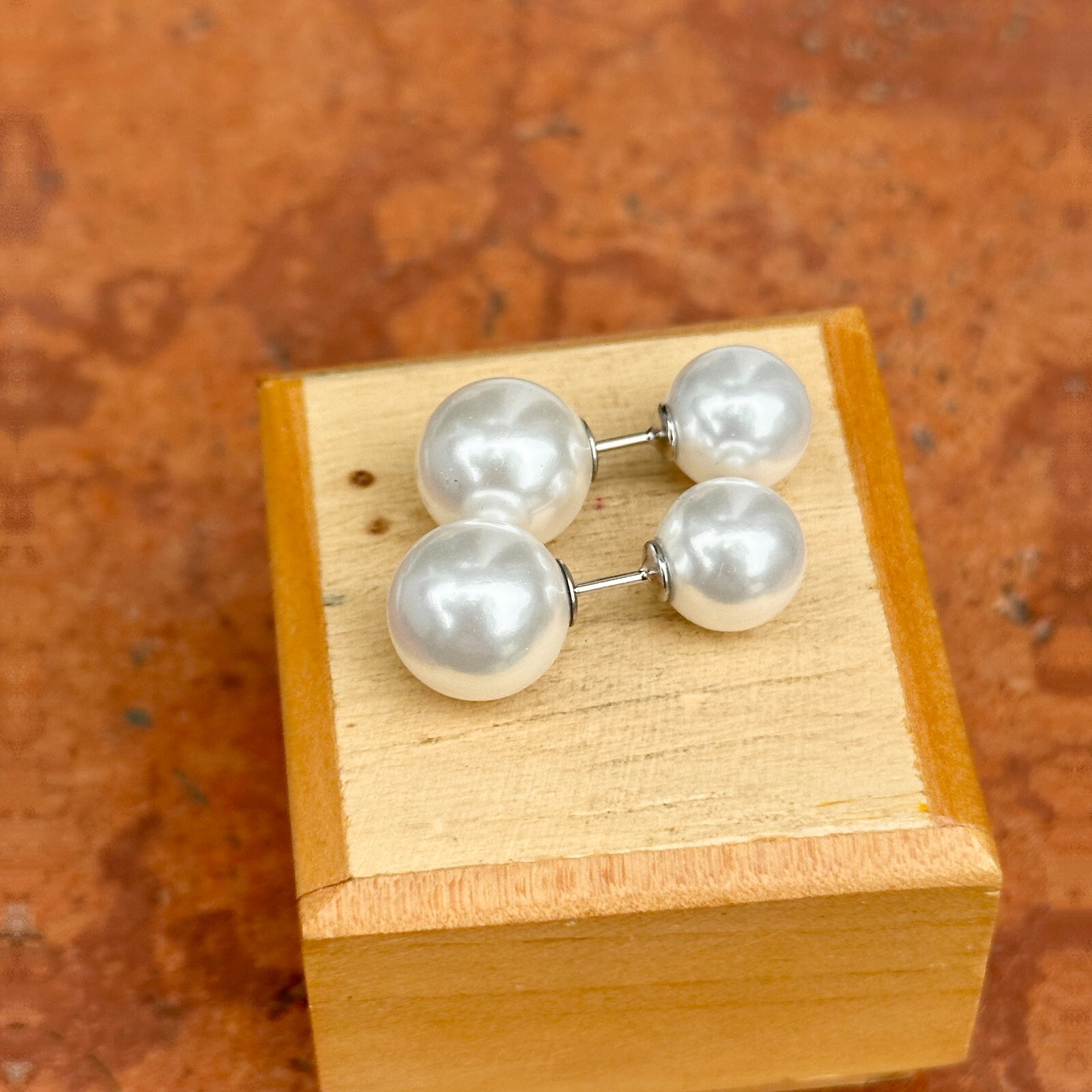 Sterling Silver Double-Ended White Double Pearl Ball Stud Earrings NEW