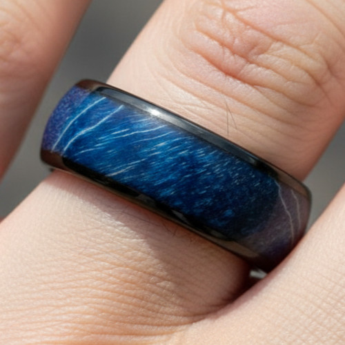 with Azure Stabilized Wood & Resin Inlay Wedding Band 8mm Black IP Domed Ring