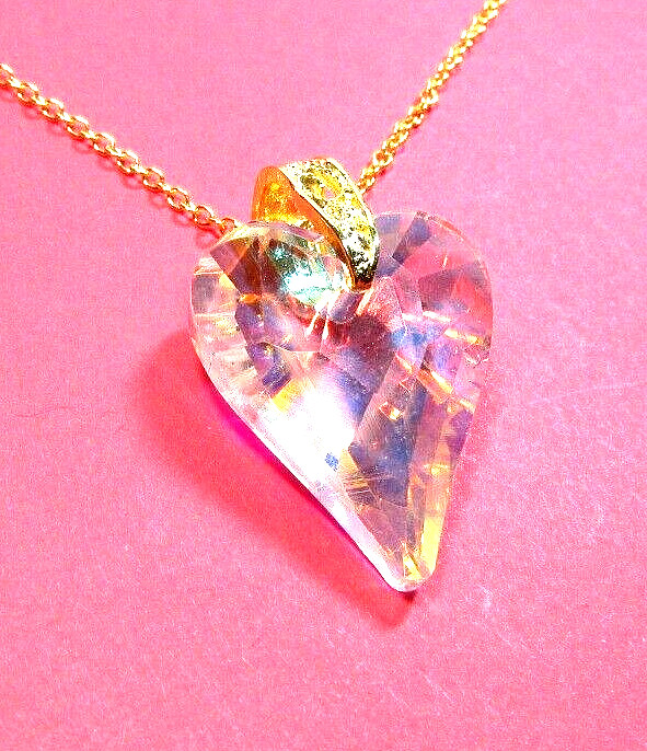 Women’s Clear Crystal Heart Pendant 20″ Gold Tone Chain Necklace – NWOT (#3372)