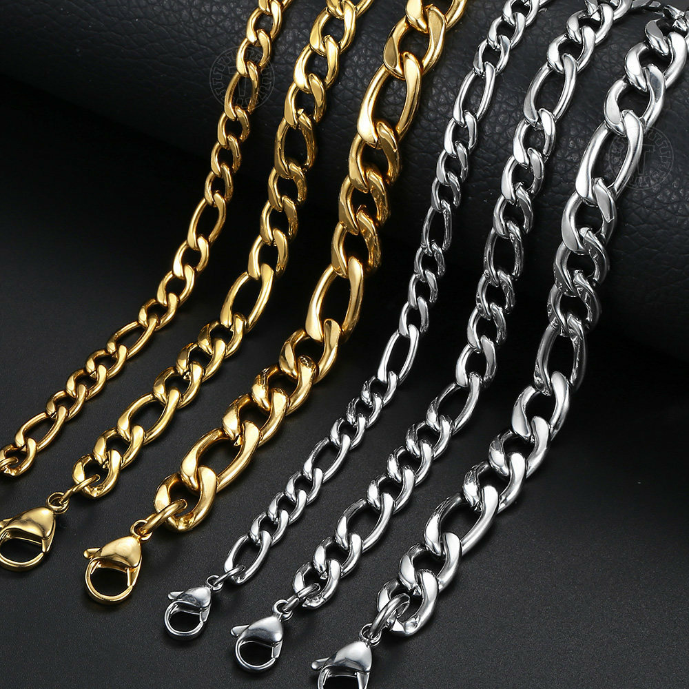 3/5/7/9mm Gold Plated Stainless Steel Figaro Link Chain Bracelet Men Women 7-10″