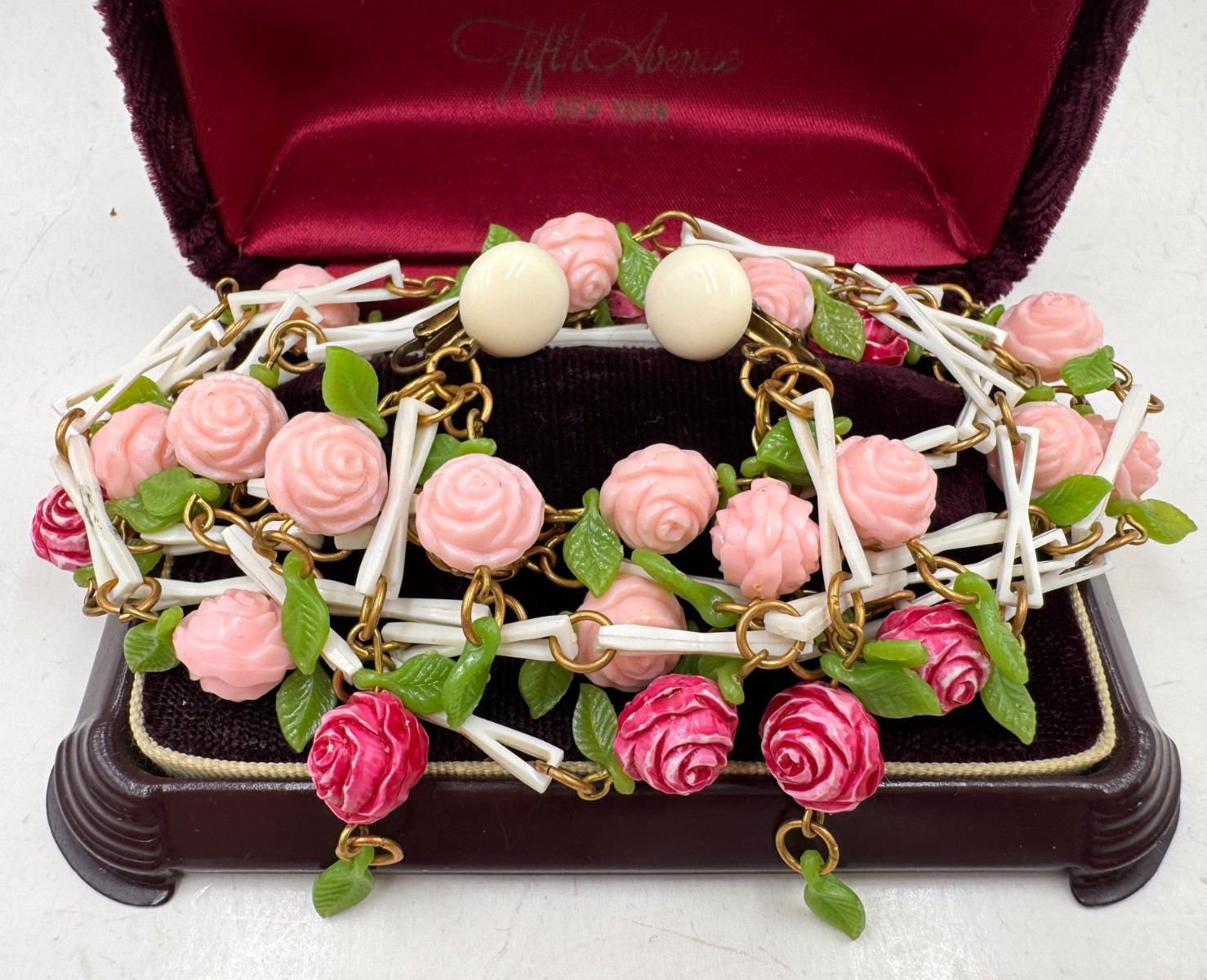 GERMANY SIGNED PRE-WWII SET CLIP EARRINGS EXTRA LONG SAUTOIR NECKLACE 45″ ROSES