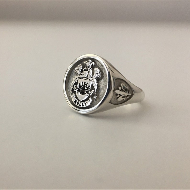 Custom Silver Signet Ring Family Crest Coat of Arms Fleur-de-Lis Gift Men