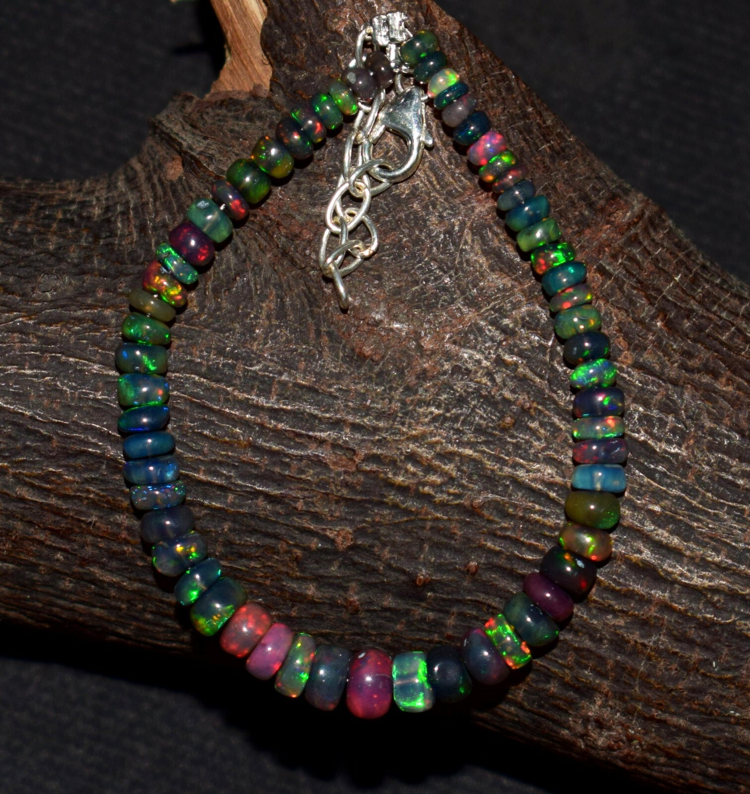 Solid 925 Sterling Silver Natural Ethiopian Opal Gemstone Beads 7″Bracelet F0362
