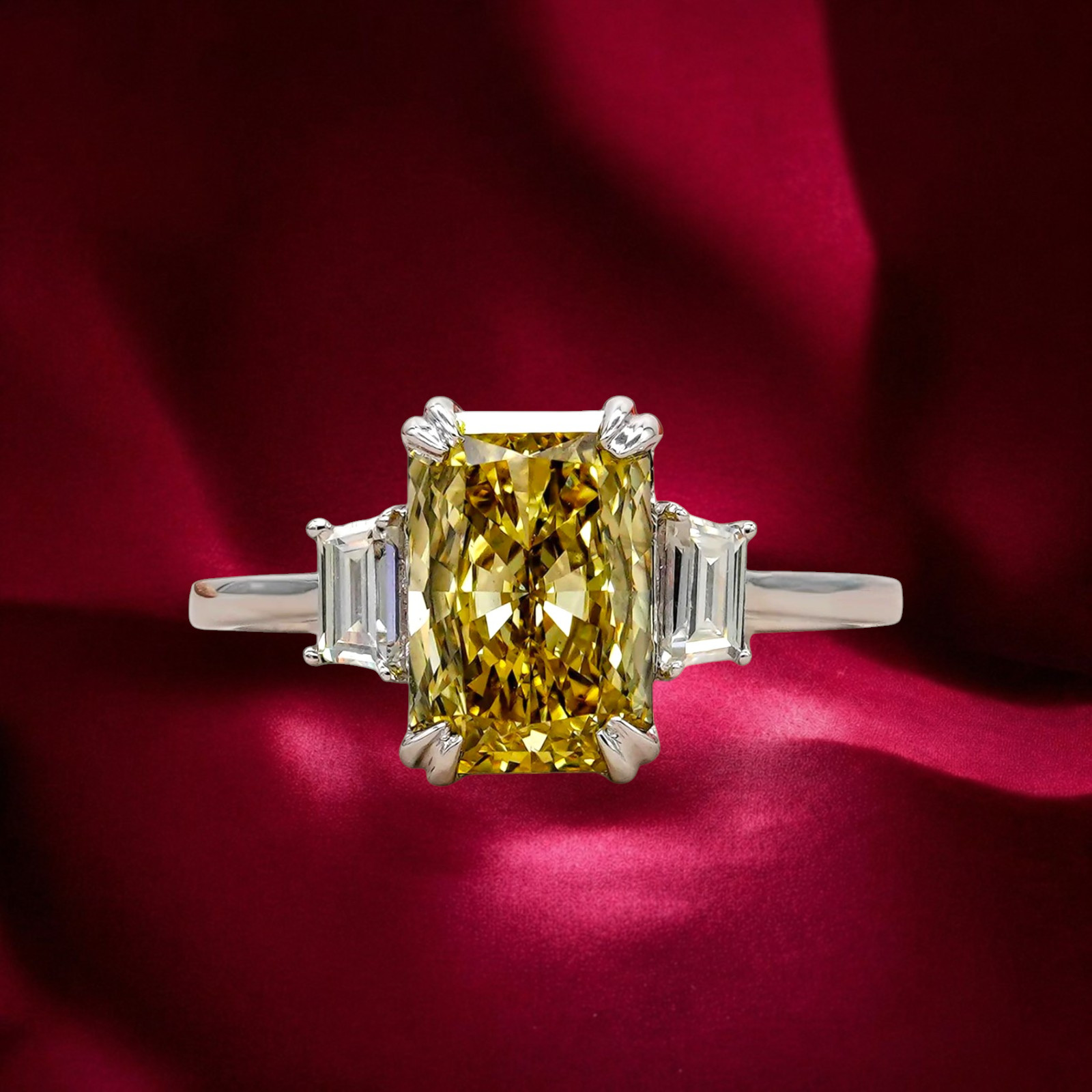 950 Platinum Fancy Intense Yellow Diamond Ring IGI Lab Grown 2.30 Ct Radiant Cut