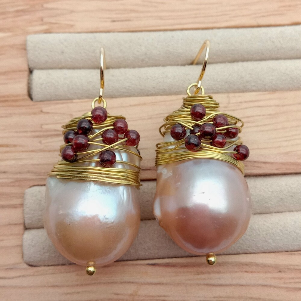 16x26MM Natural Pink Keshi Pearl Garnet Hook Earrings
