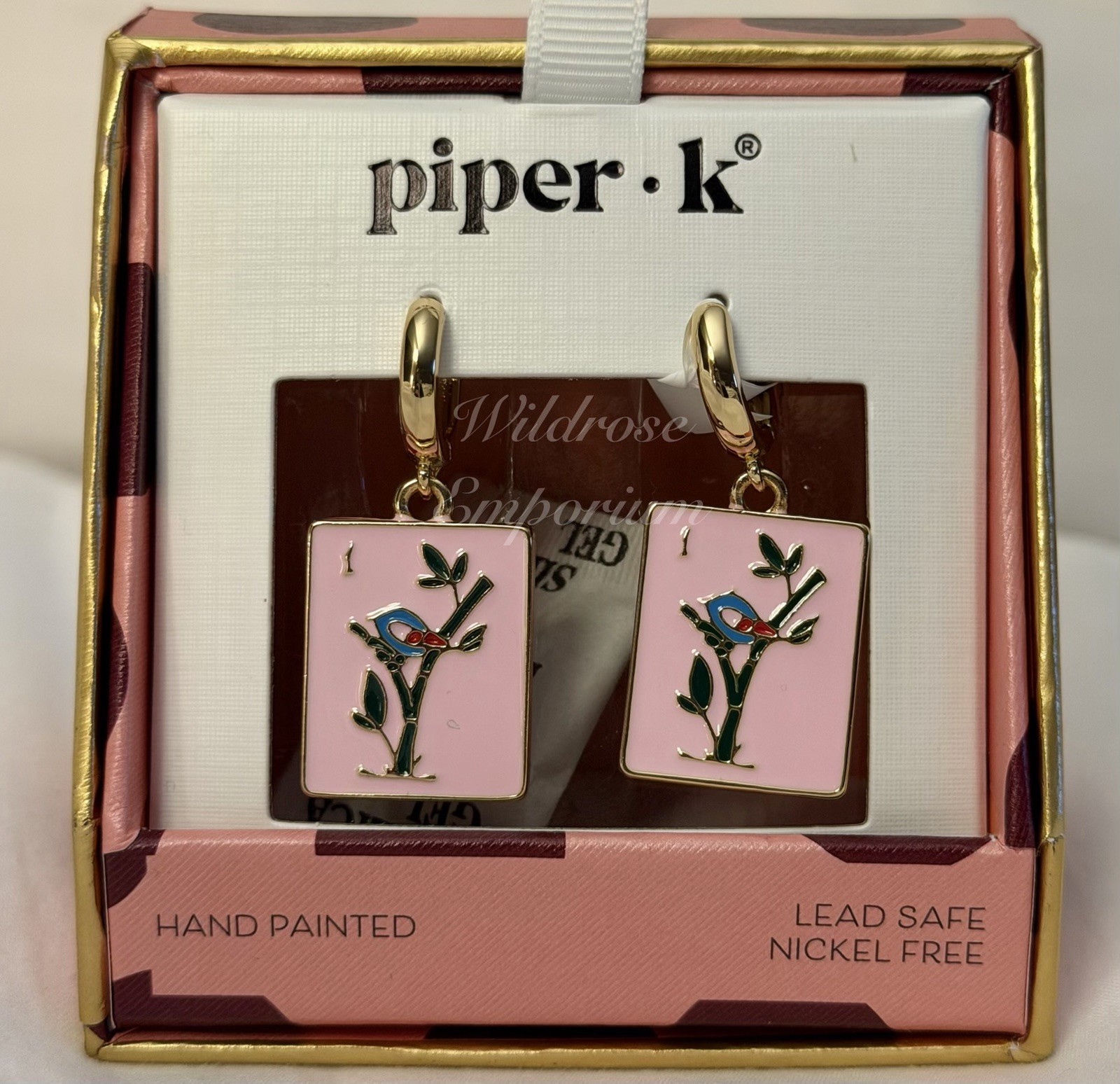 Piper K whimsical pink mahjong game tile motif enamel Huggie hoop earrings