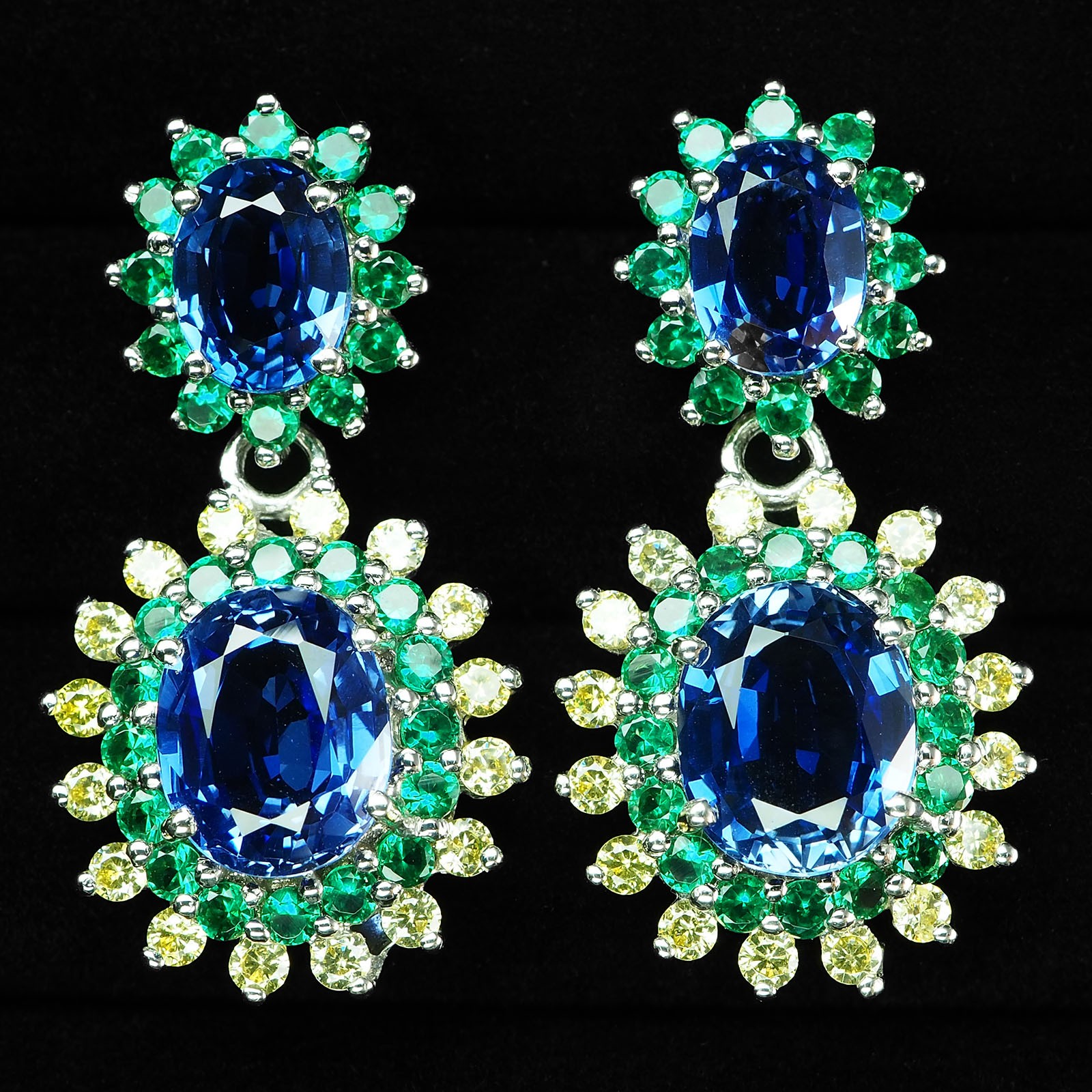 Radiant Vivid Blue Sapphire 12.25Ct 925 Sterling Silver Handmade Flower Earrings