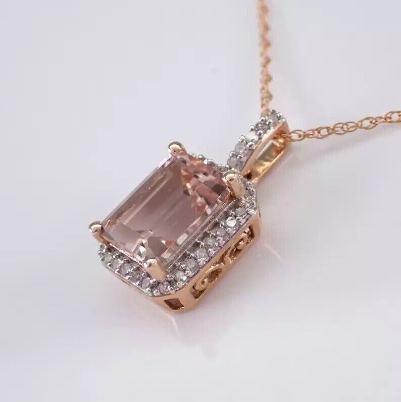 3Ct Emerald Cut Simulated Morganite Halo Lovely Pendant In 14K Rose Gold Plated
