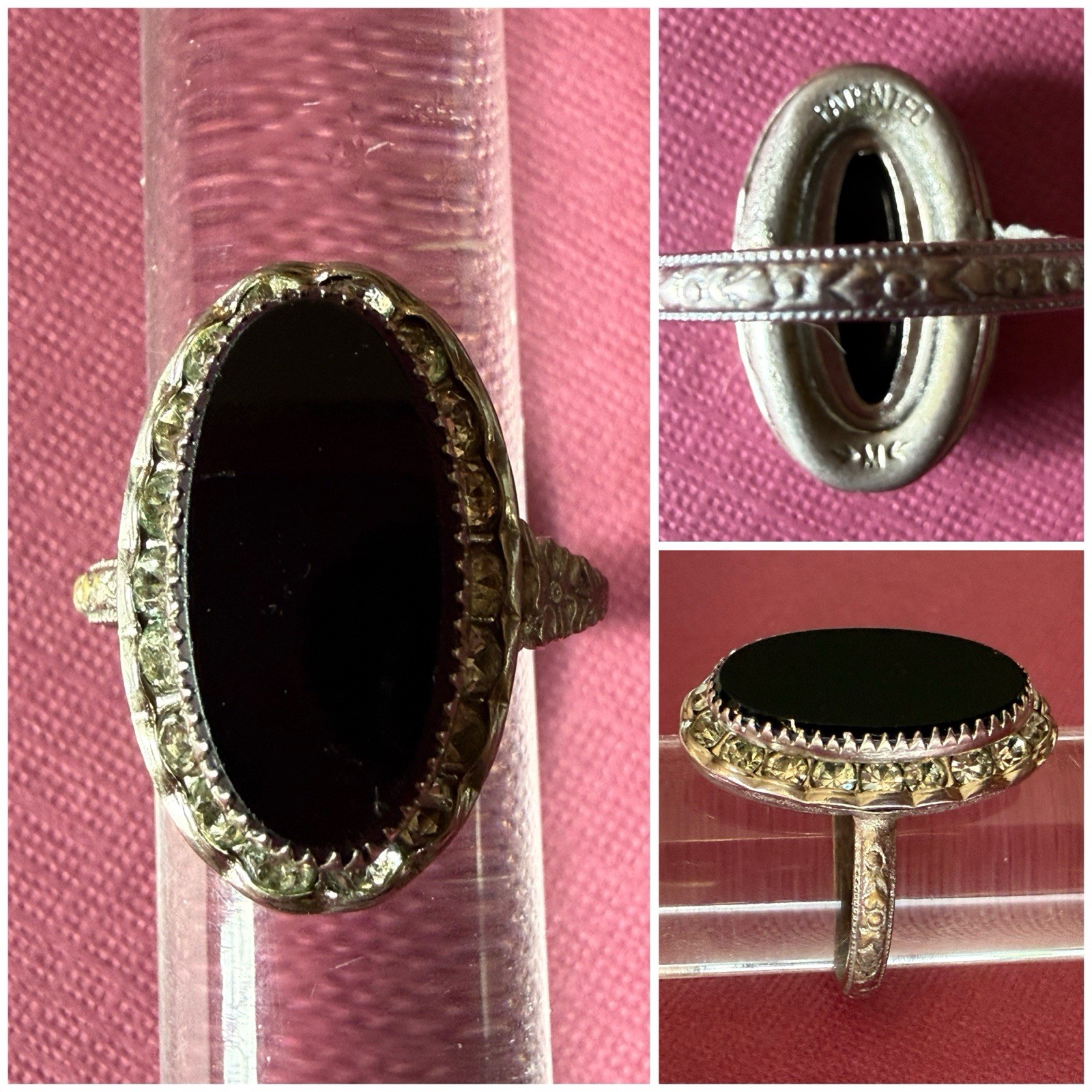 Vintage Silver Patented Art Deco Paste Black Onyx Ring Signed “M” / Size 8