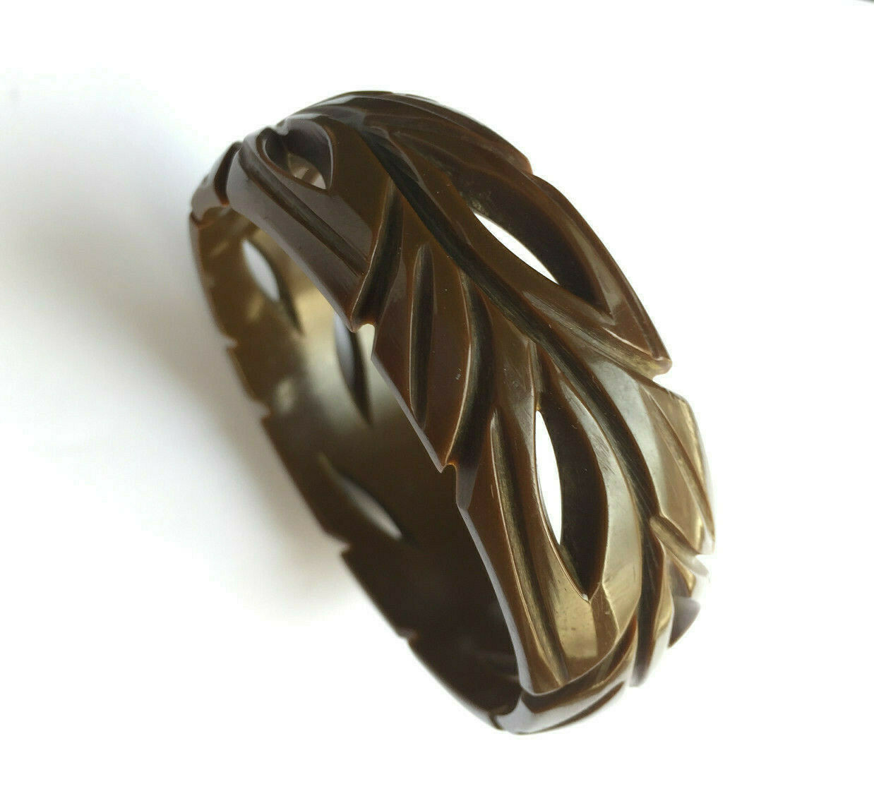 Vintage Bakelite 2.56” Carved leaves Bakelite bangle in dark brown color 1”