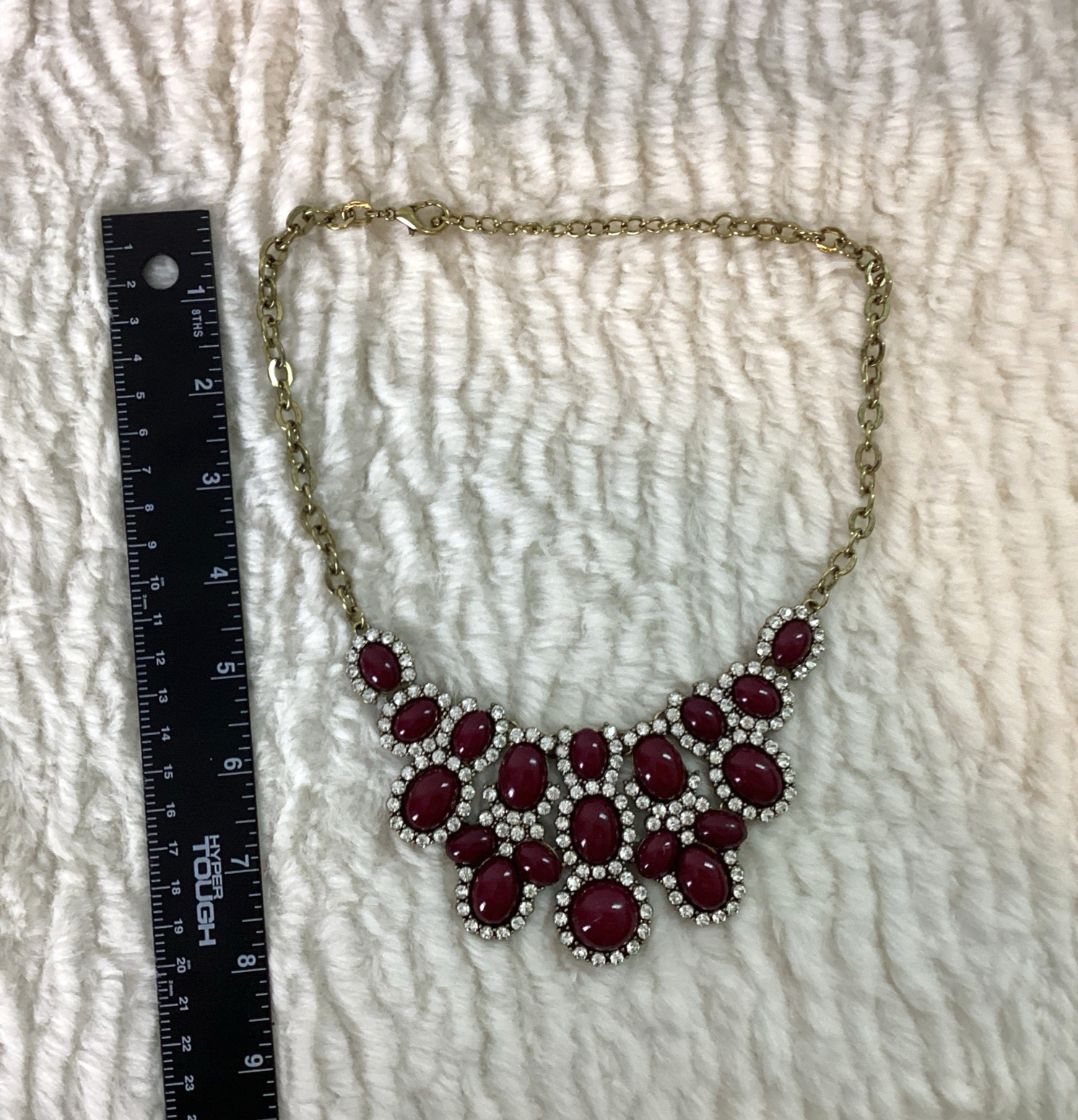 Vintage Burgundy Red Stone Diamonds Statement Necklace Costume Bling Glam Gold