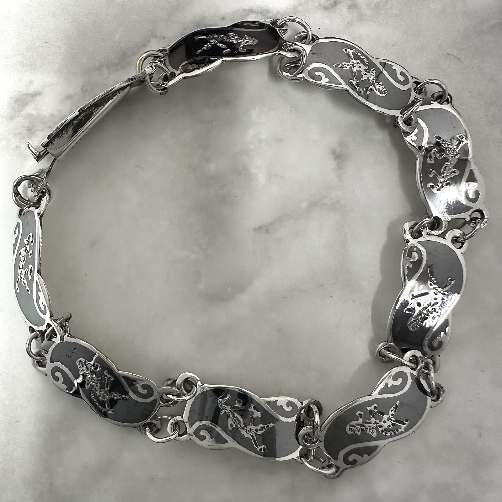 “SIAM STERLING” Thai Dancer Bracelet 6.5″ Sterling Silver w Niello Enamel 6.7g