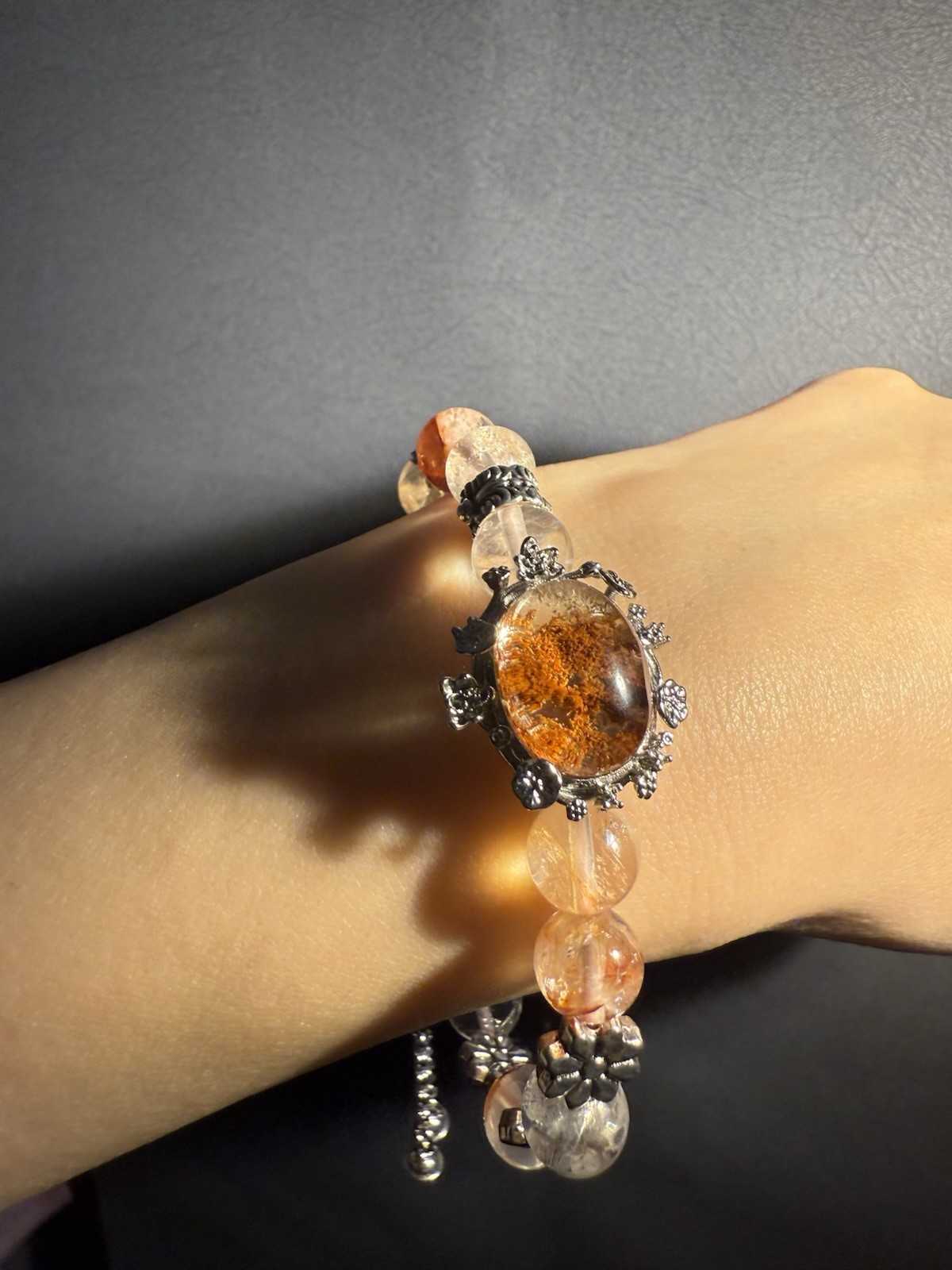 9.2mm High Grade Natural Fire Hematoid Crystal/ Phantom Crystal Charm Bracelet