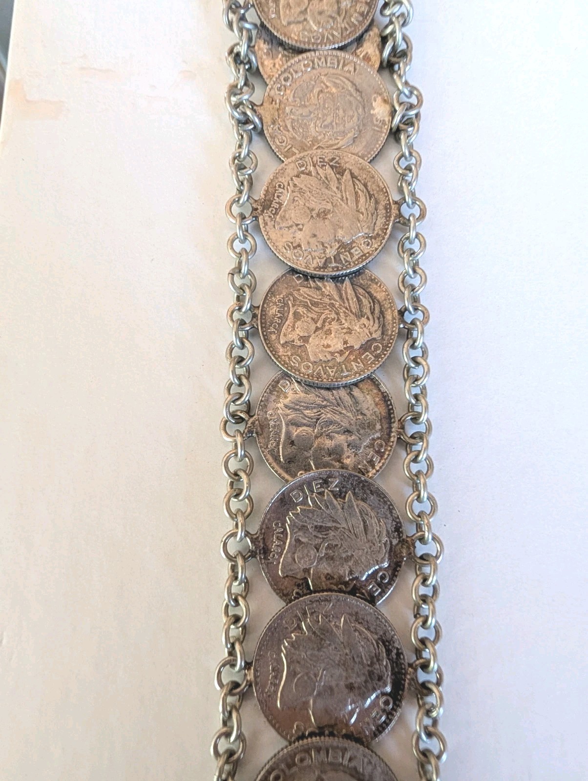Coin Bracelet colombia centavos Diez Silver Color Vintage 7″ Chain 1950s Coins