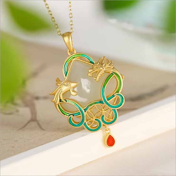 Jade Dragon Phoenix Shape Pendant Jewelry 18K Gold Plated Necklace 450mm Gift US