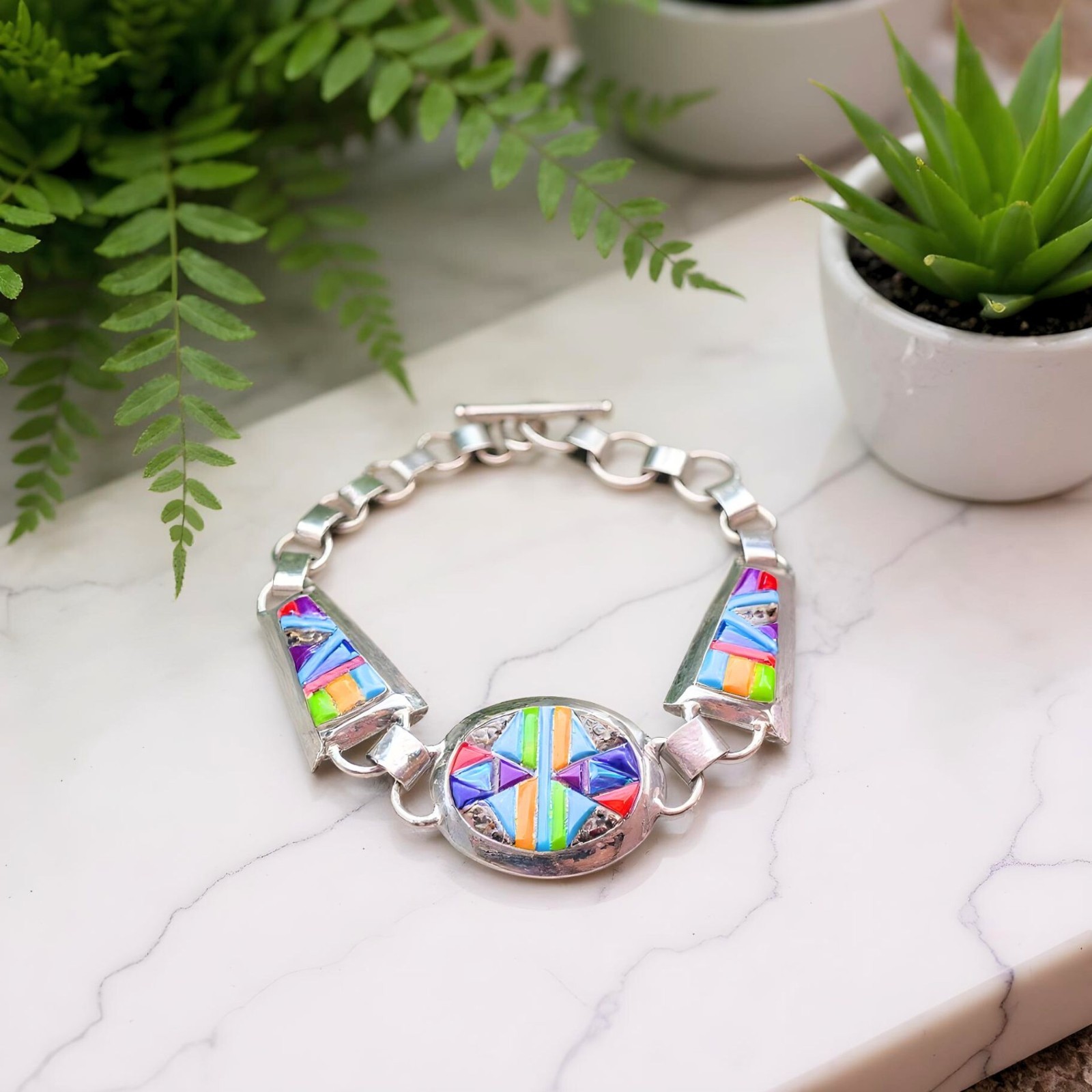 Native Sterling Silver Multi-Gemstone Inlay Cobblestone Toggle Bracelet 17.55g