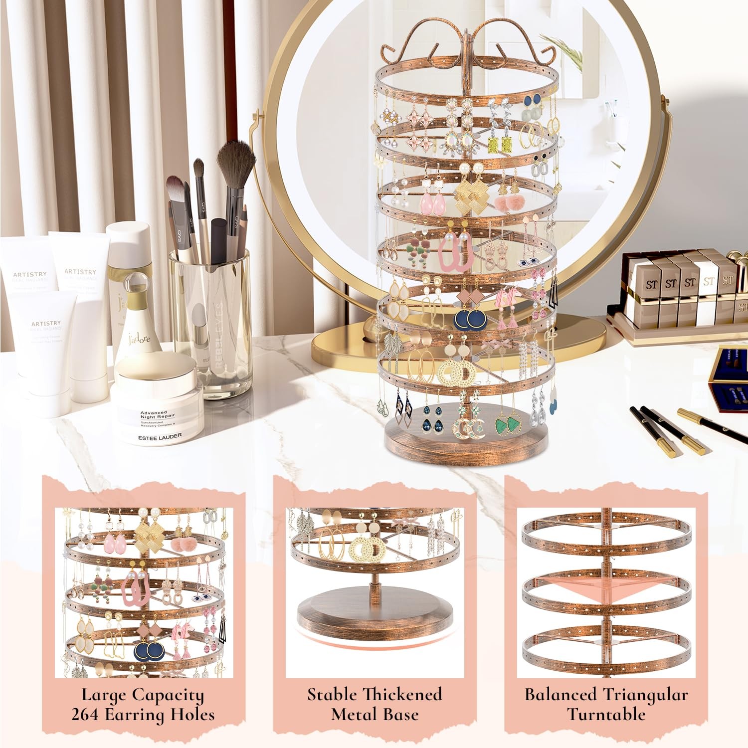iDavosic.ly 6 Tier Metal Rotating Earring Holder Organizer, 6 Tier, Bronze
