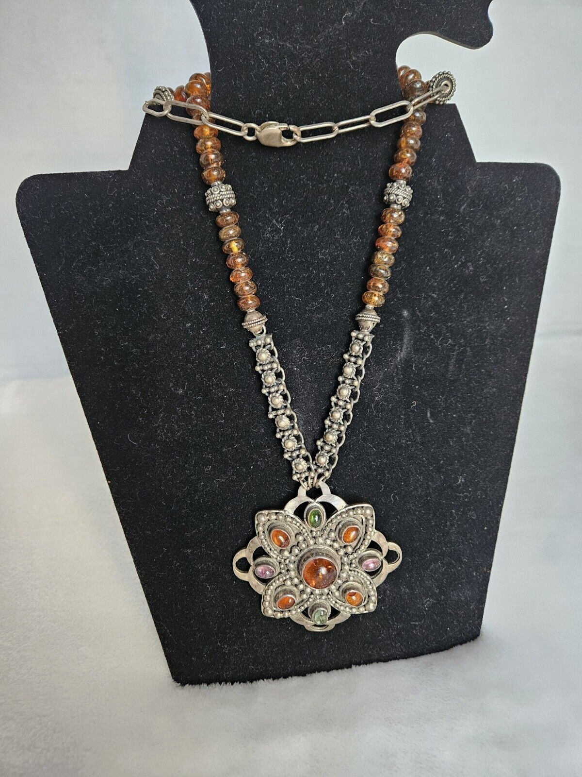 Vintage 925 Solid Sterling Silver Multicolor Amber Large Pendant Necklace