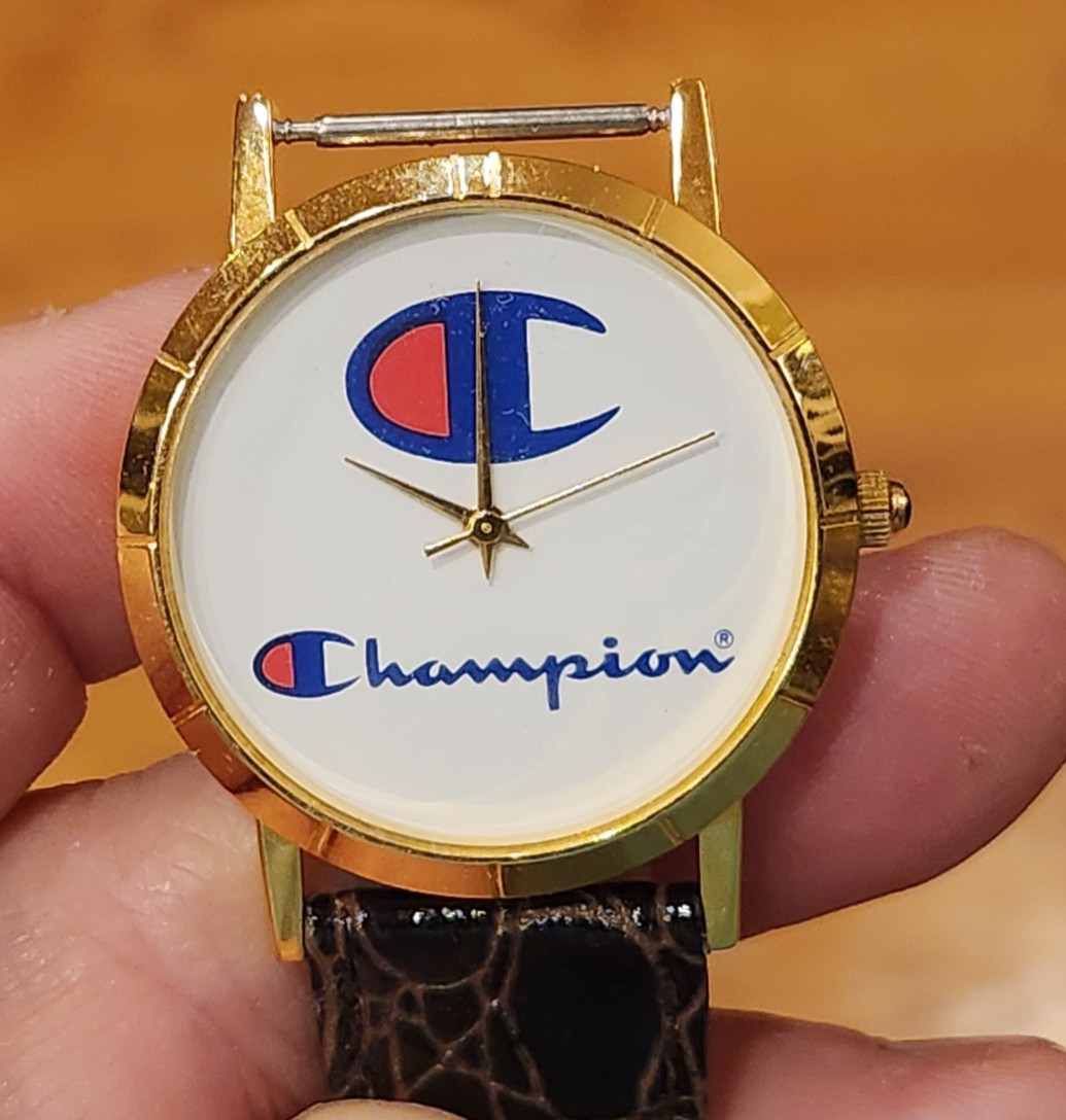 CHAMPION ATHLETIC WEAR LOGO WATCH~LEATHER STRAP~QUARTZ~PARTS/WORKING UNKNOWN