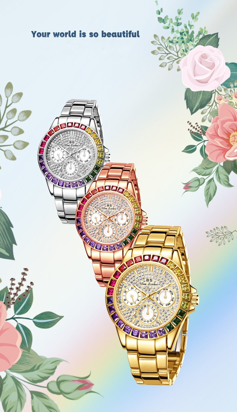 Rainbow Crystal Bezel Women Watch Gold Tone Colored Gems Women’s Wrist Watch