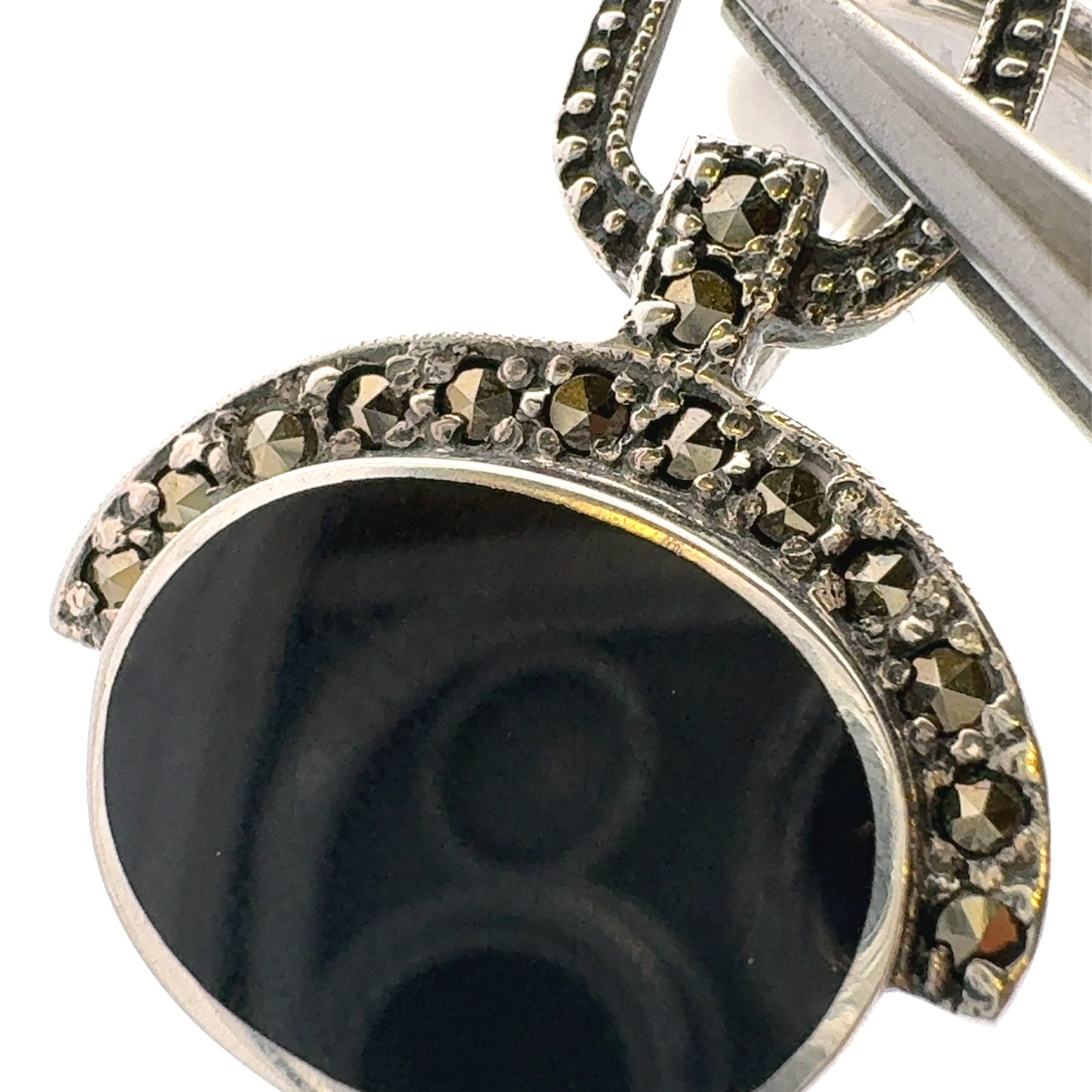Vintage ACI 925 Sterling Silver Marcasite Black Onyx Art Deco Dangle Earrings
