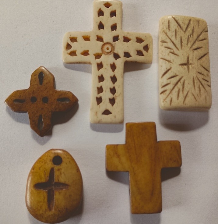 Buffalo Bone Beads or Pendants – 5 Asst Crosses, Beading Holes, 1″ to 2″, Carved