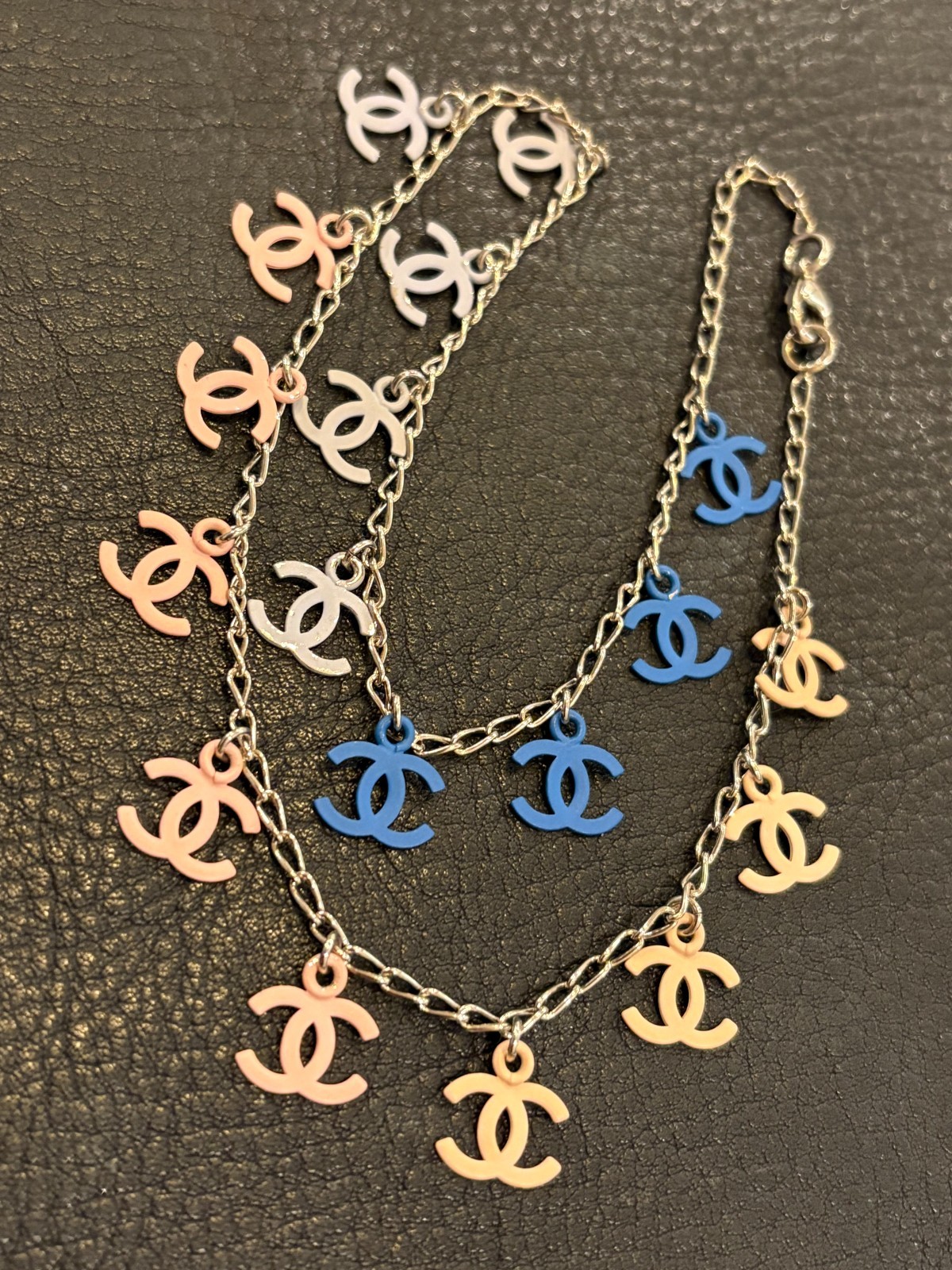 CHANEL Necklace Pendant choker Coco Mark CC Logo Auth Silver kenjp Blue Pink