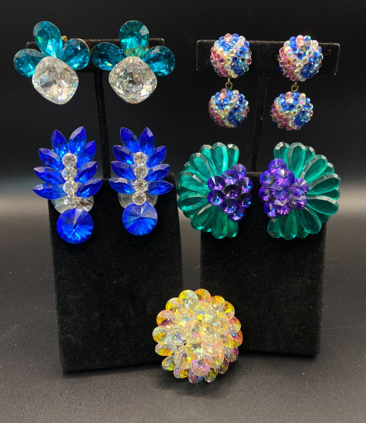 VTG Estate Sale *Nite Sparkles* rhinestone earrings, brooch lot of 5 pc