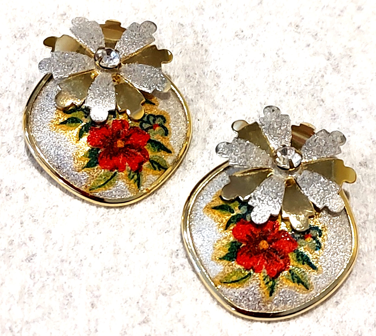 Vintage Germany Earrings Red Silvertone Flowers MCM Christmas