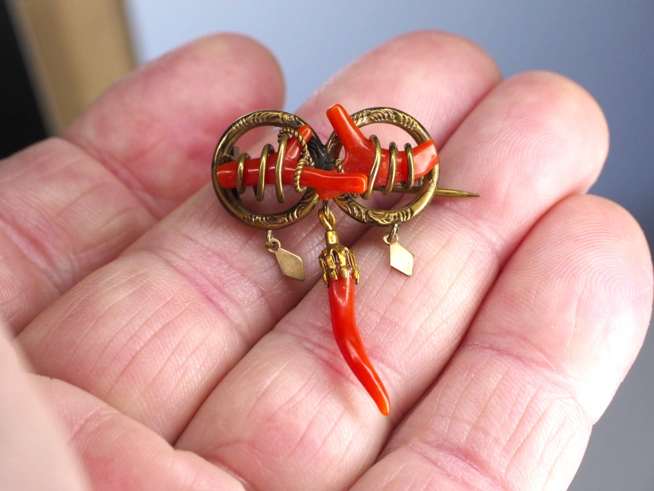Antique double love knot brooch coral branch pin with dangles C-clasp jewelry