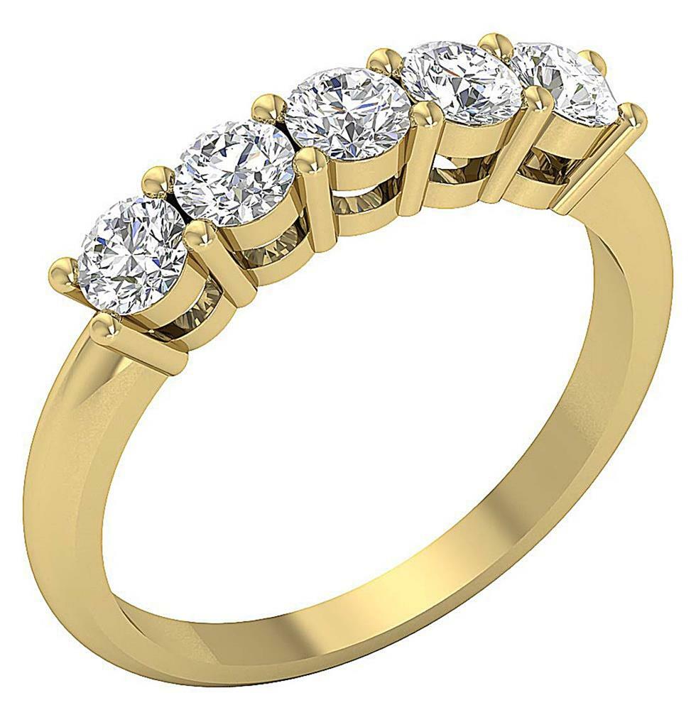 Five Stone Wedding Ring 1.00 Ct VS1 E Prong Set Natural Diamond 14K Gold 3.80MM