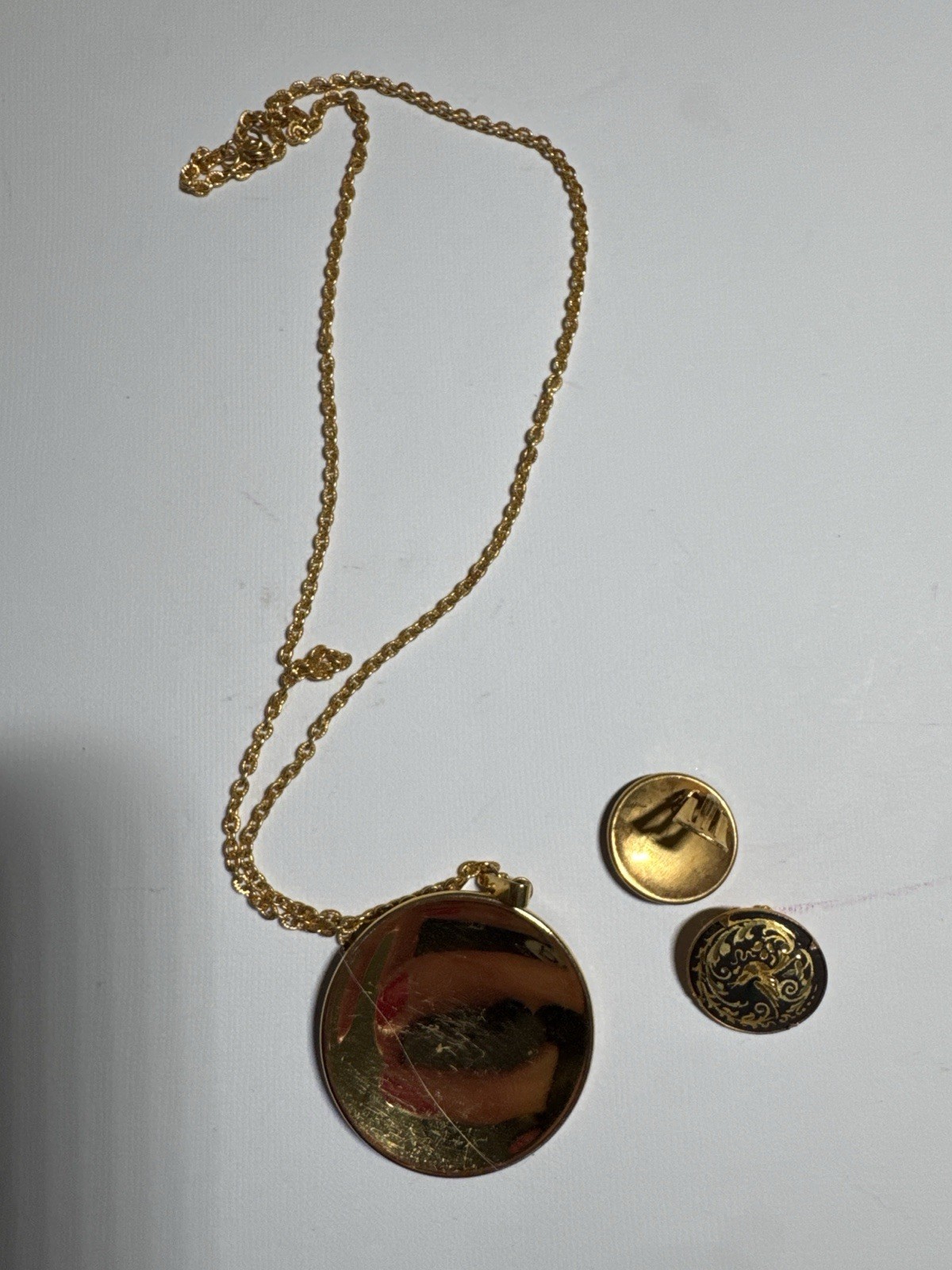 Vintage Spanish Damascene Necklace & Clip-On Earrings Set Birds & Floral Design