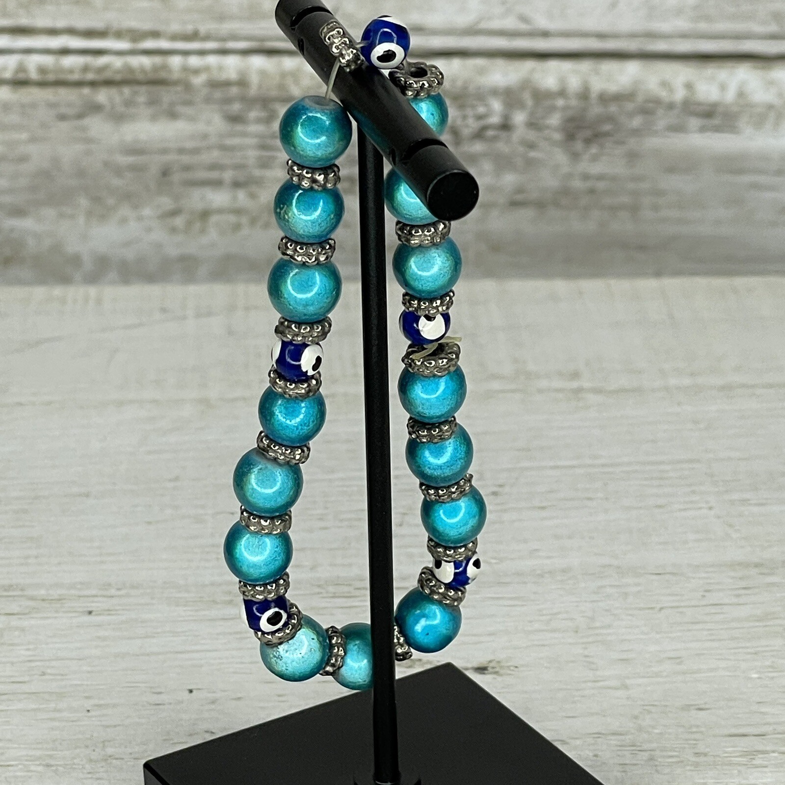 Evil Eye Turkish Bracelet Blue Glass Beads Stretch To Fit Protection