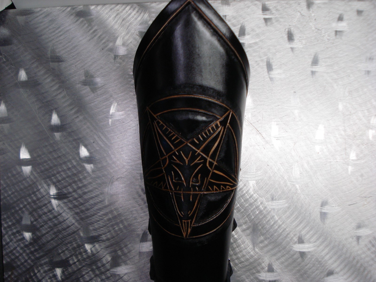 LEATHER CARVED PENTAGRAM GAUNTLET. BLACK METAL (MDLG0165)….. THY PRIMORDIAL
